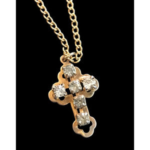 Gold Tone 16" Necklace W/Metal Cross Pendant with Clear Rhinestones